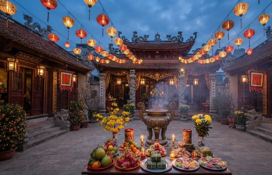 Temple courtyard with red lanterns, incense urn and offering tables of fruit and cakes