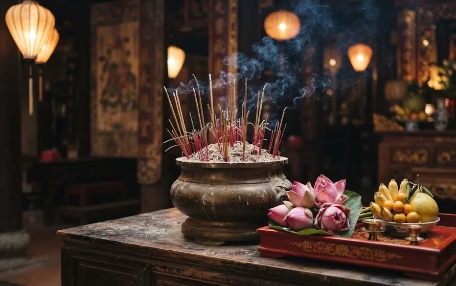 Incense sticks burning in a bronze urn beside a red lacquer tray of lotus flowers and fruit