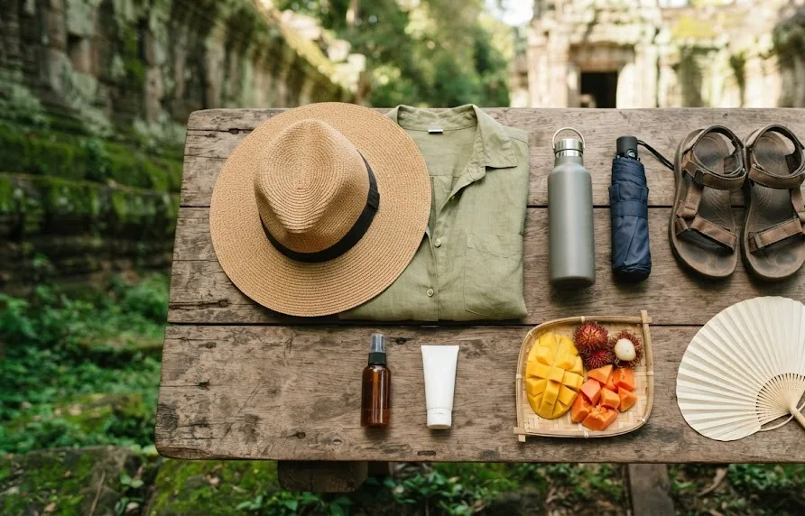 Sun hat, long sleeve shirt, water bottle, umbrella, sandals, repellent, fruit and a fan on a bench