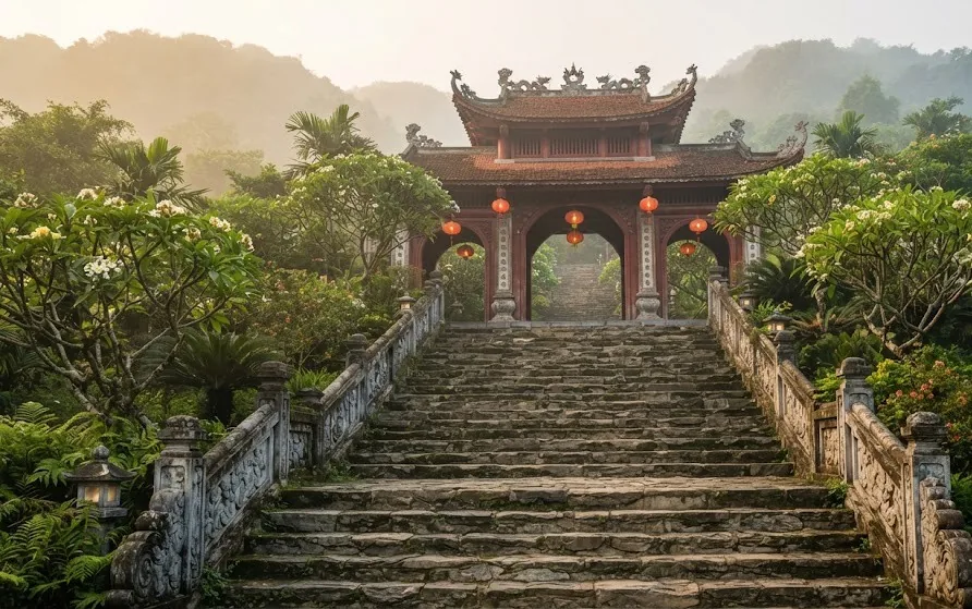 Weathered stone steps with carved balustrades rising to an ornate temple gate hung with red lanterns