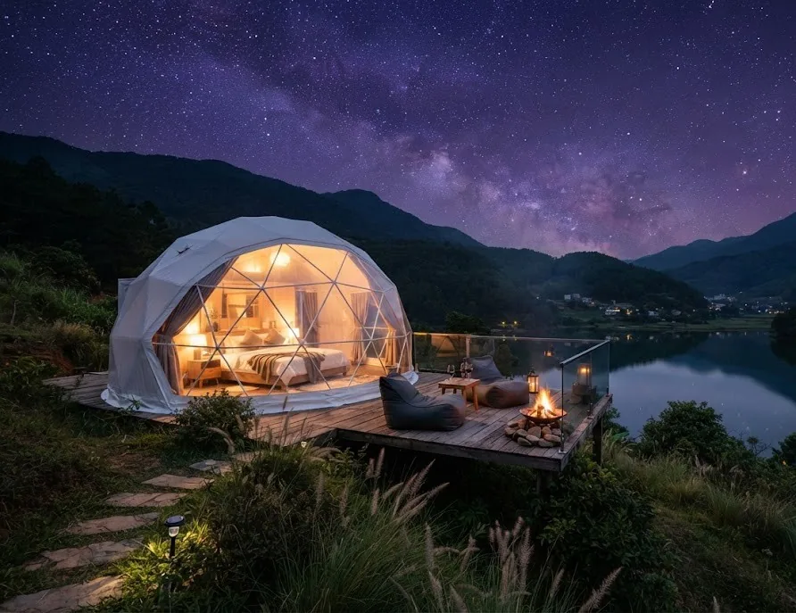 Transparent glamping dome with a warm-lit bed and fire pit by a lake under a starry sky