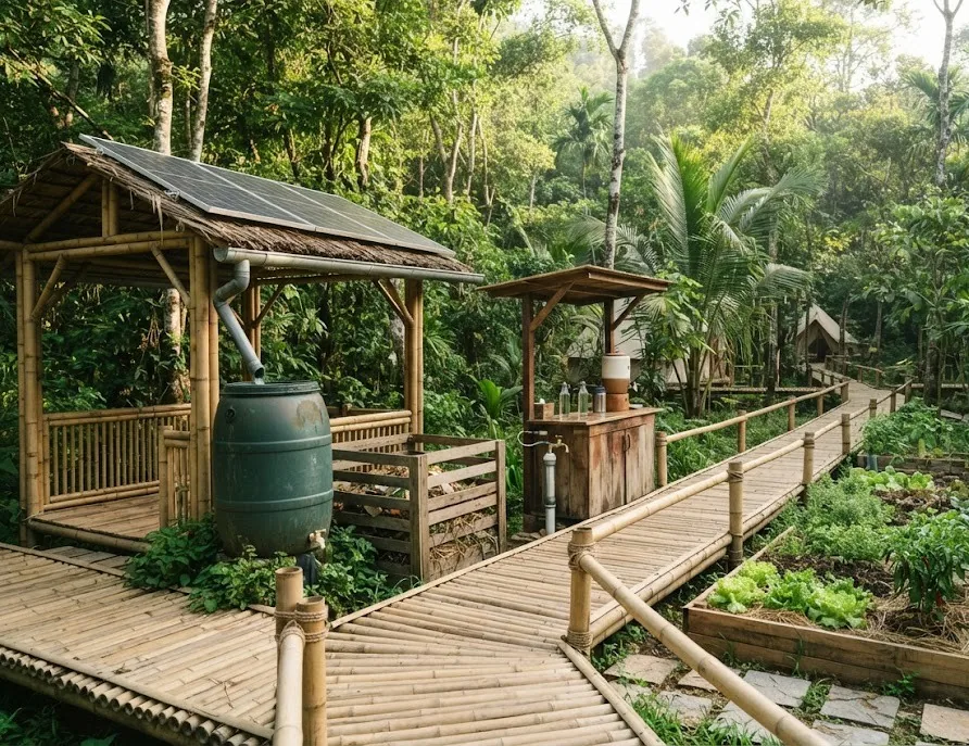 Eco glamping camp with solar panels, rainwater barrel, compost bin, refill station and garden