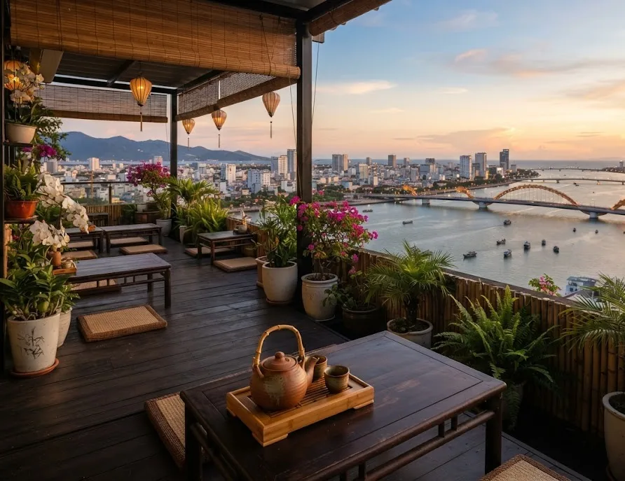 Rooftop tea terrace with a clay teapot overlooking the river and dragon bridge at sunset