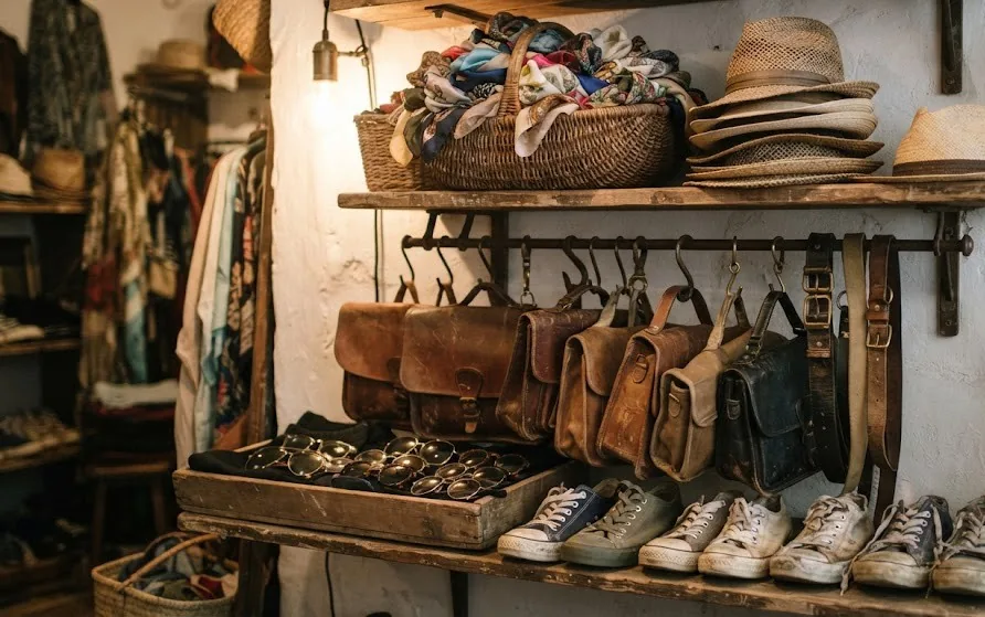 Shop shelf with straw hats, leather satchels and belts, a tray of sunglasses and rows of canvas shoes