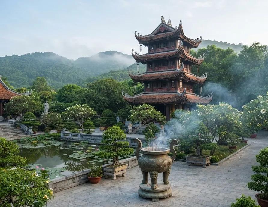 Pagoda tower and courtyard with a bronze incense burner, bonsai and lotus pond