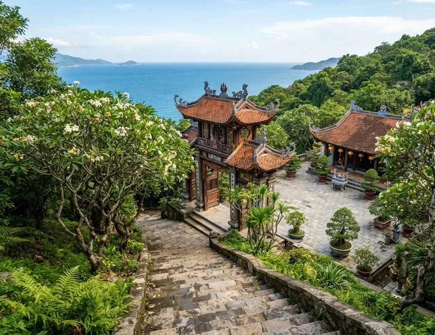 Hillside temple gate with curved tiled roofs and frangipani trees above the sea