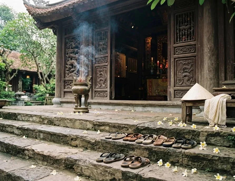 Sandals lined up on pagoda steps with a conical hat and scarf beside carved doors