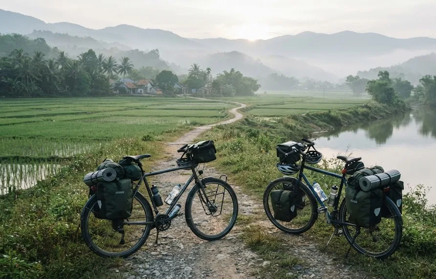 Two loaded touring bicycles on a country path beside rice fields and a river at dawn