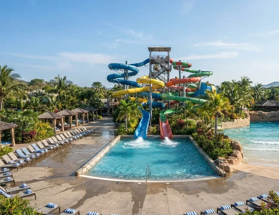 Outdoor water park with a tower of colorful slides and a splash pool