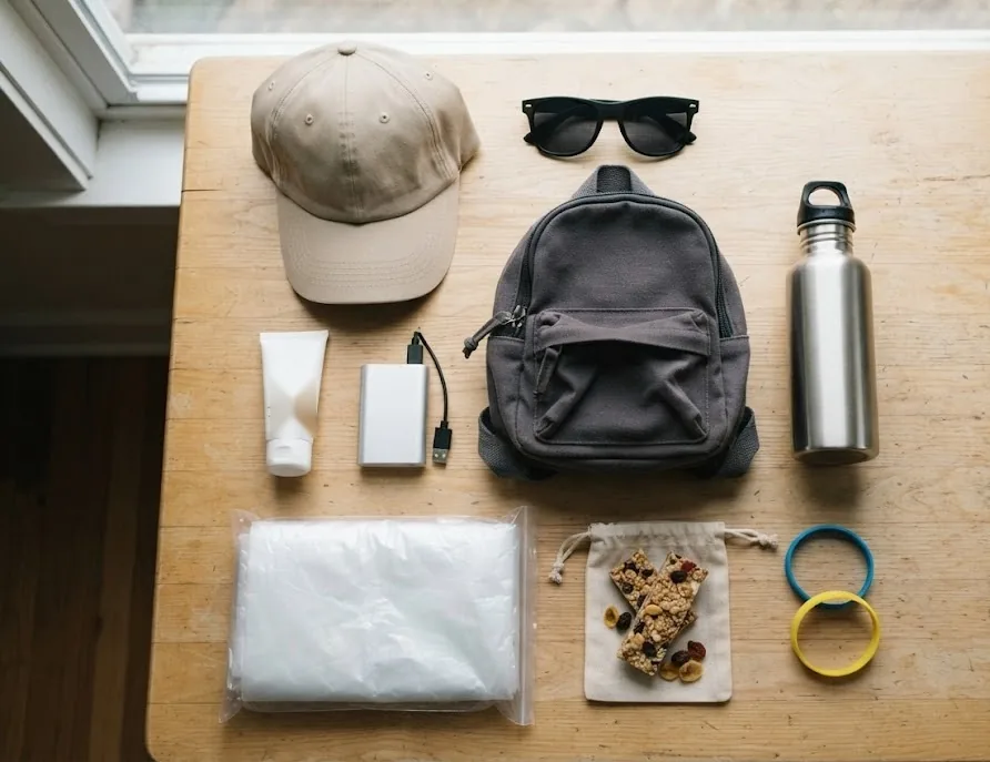 Theme park day kit with cap, sunglasses, backpack, water bottle and snacks
