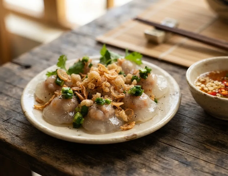Translucent savory rice dumplings topped with scallion oil and fried shallots