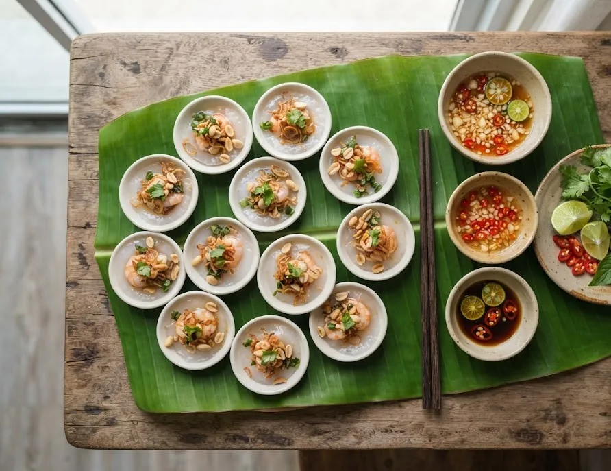 Small steamed rice cakes on a banana leaf with chili fish sauce dips