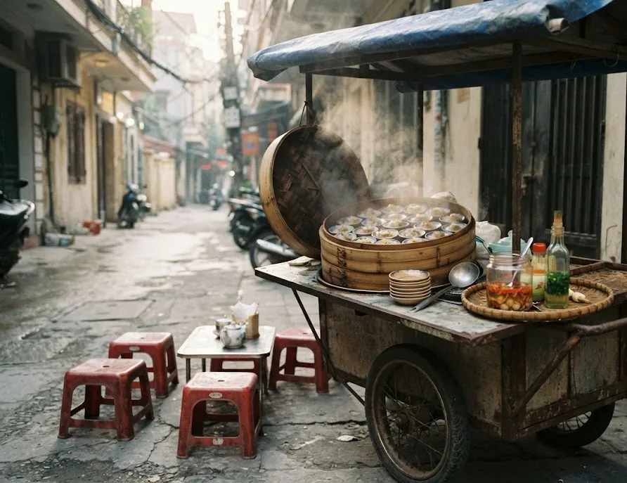 Street food cart with a steaming bamboo basket of rice dumplings and red stools