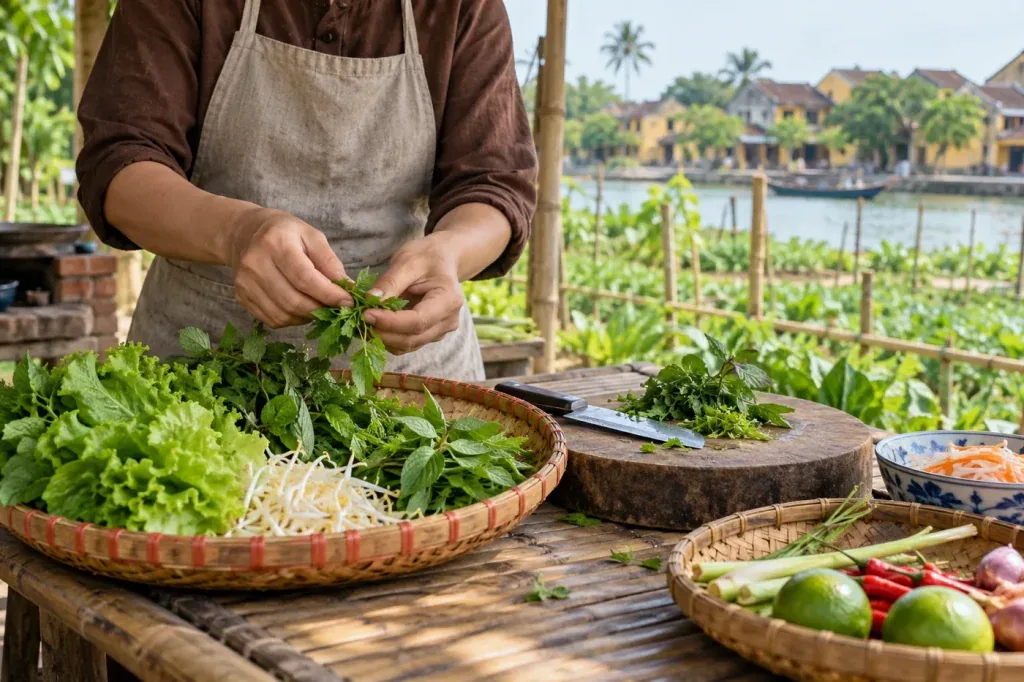 AI illustration: Hands preparing herbs at a cooking workstation