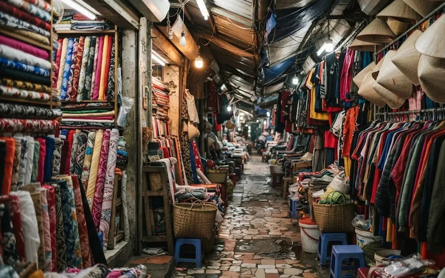 Narrow market aisle packed with bolts of fabric, hanging clothes, conical hats and woven baskets