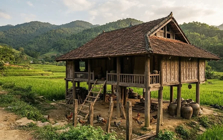 Wooden stilt house with tiled roof and open veranda raised above rice paddies and forested hills