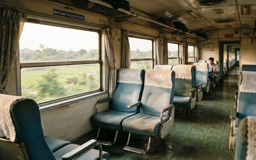 Interior of a soft-seat train carriage with blue reclining seats and countryside passing the windows