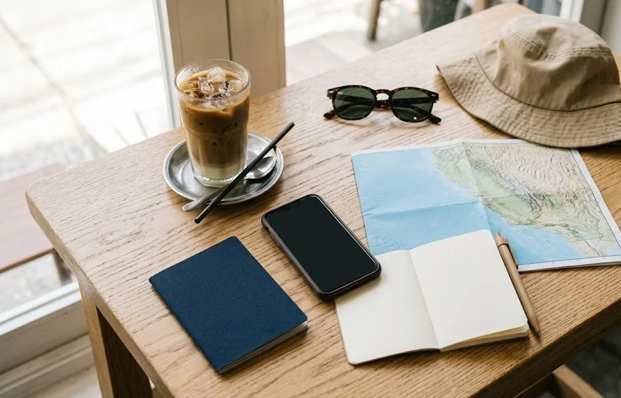 Cafe table with passport, phone, notebook, map, iced coffee and sunglasses for trip planning