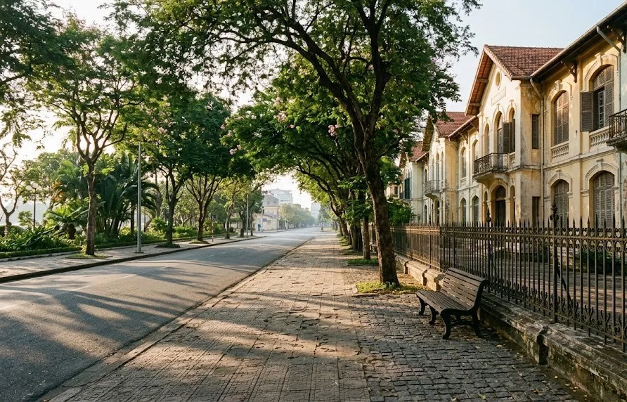 Shaded pavement along a tree-lined boulevard of old colonial buildings in early morning light