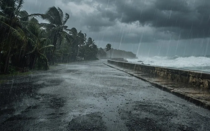 Heavy rain streaking across a wet coastal road with bending palms and a rough grey sea beyond