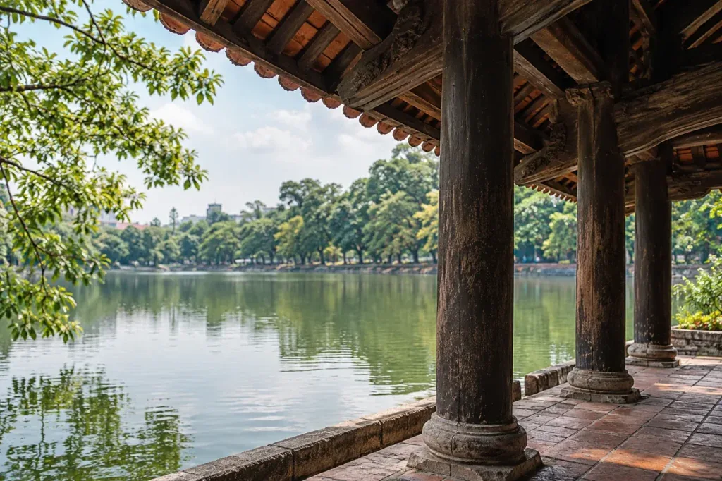 AI illustration: Weathered timber of a lakeside pavilion