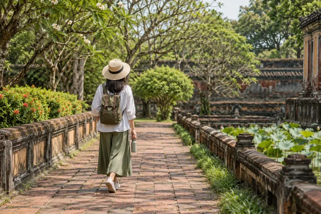 AI illustration: a visitor on a shaded heritage garden path