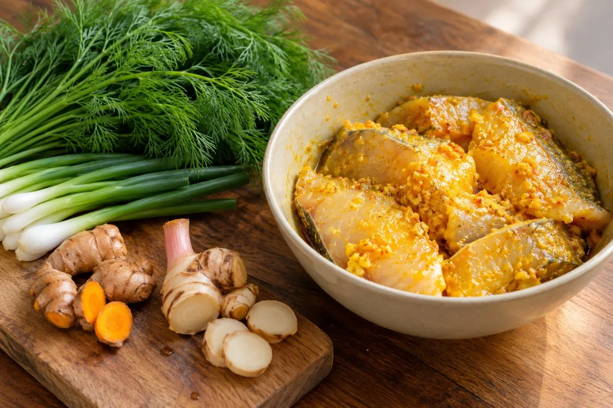 Fish fillets marinating in turmeric and galangal beside dill, scallions and fresh turmeric root