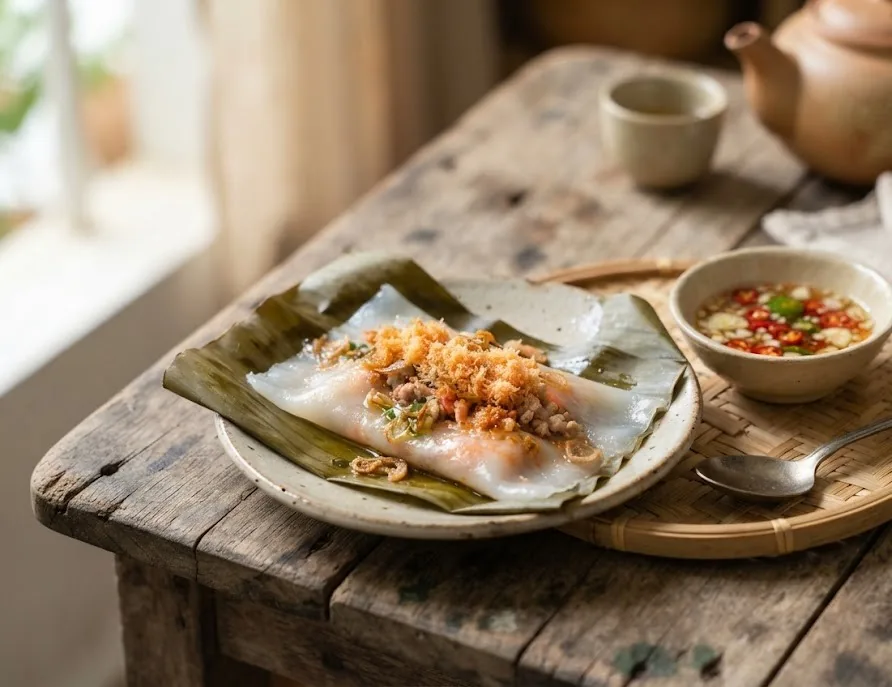 Banh nam flat rice dumpling on a banana leaf topped with shrimp floss and scallion oil
