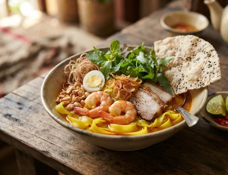 Bowl of mi quang turmeric noodles with shrimp, pork, quail egg and a sesame rice cracker