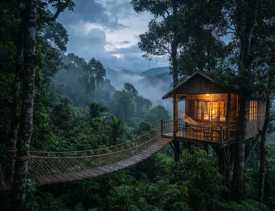 Wooden treehouse with a rope bridge in a misty rainforest at dusk