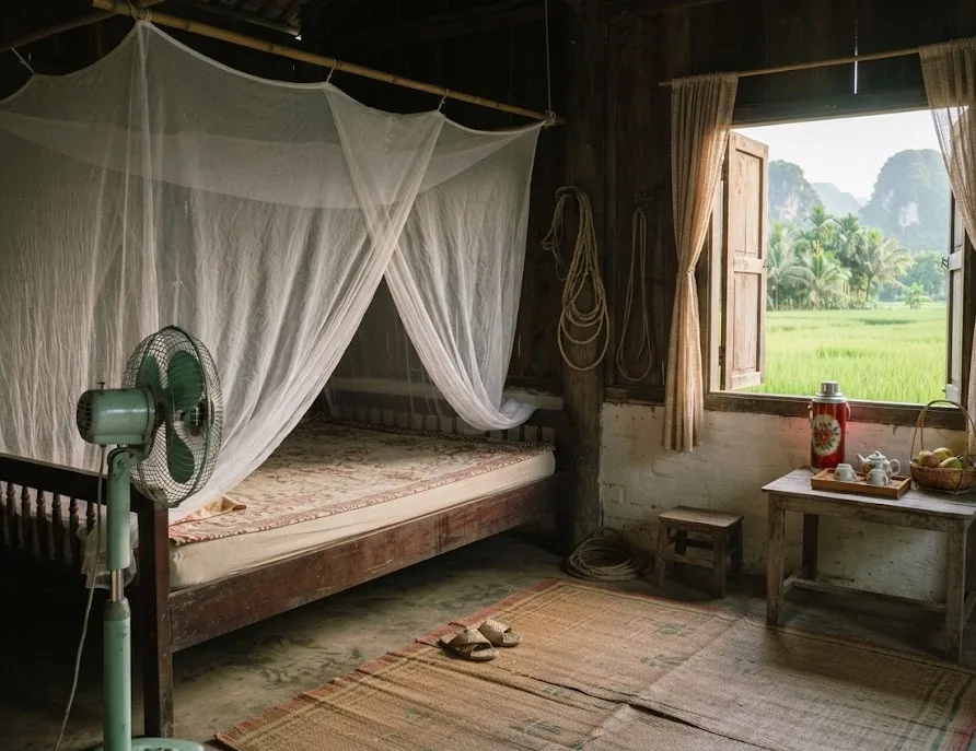 Rustic village homestay room with mosquito net, fan and rice field view