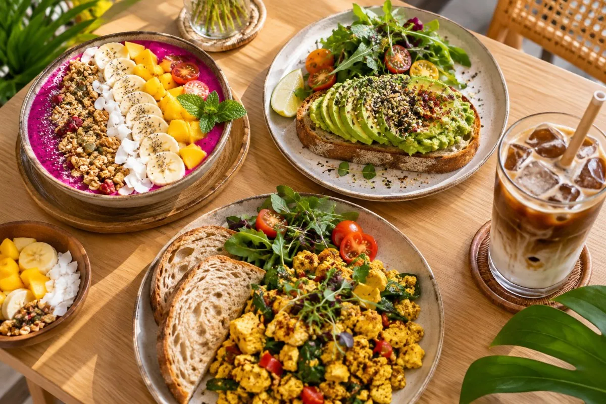 Vegan brunch with dragon fruit smoothie bowl, avocado toast, tofu scramble and iced coffee