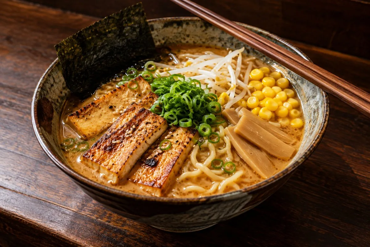 Vegan miso ramen with grilled tofu, corn, bamboo shoots, bean sprouts and nori