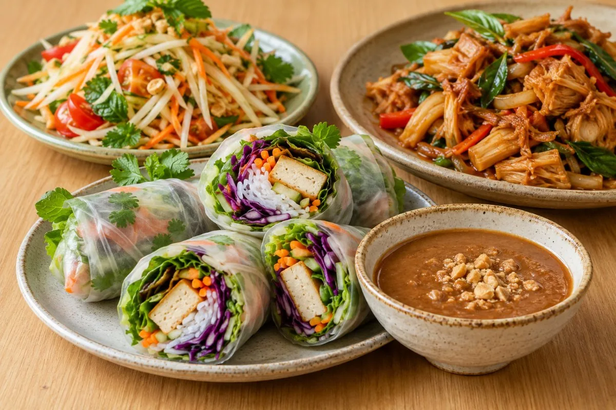 Tofu summer rolls with peanut sauce, green papaya salad and jackfruit stir fry