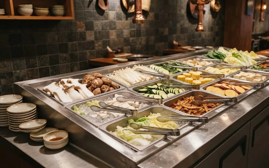 Chilled buffet counter with trays of mushrooms, tofu, courgette, corn and cabbage ready for grilling