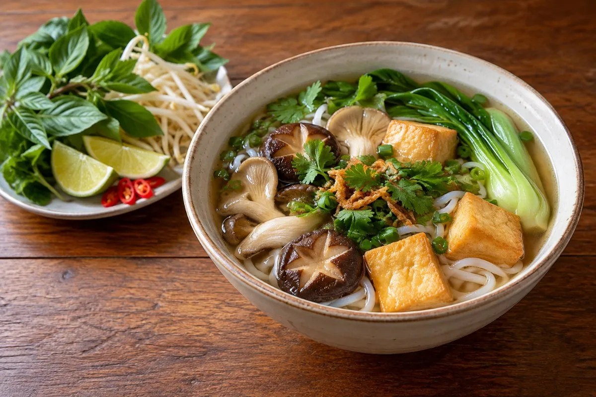 Vegetarian noodle soup with mushrooms, fried tofu and bok choy with herbs and lime