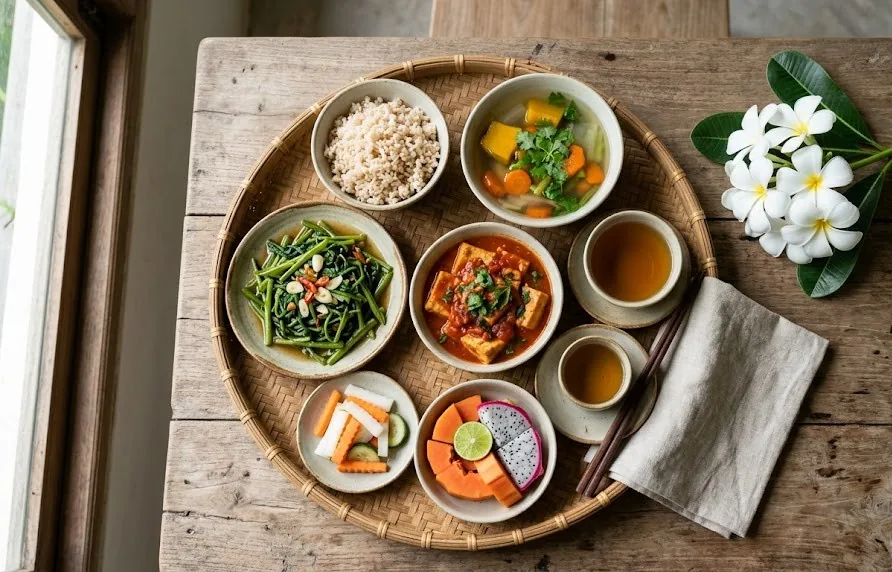 Overhead view of a vegetarian retreat meal with brown rice, tofu, greens, soup, fruit and lotus tea
