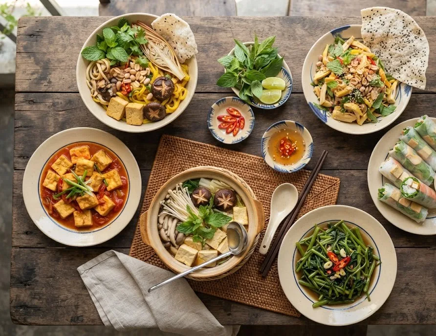 Vegetarian spread: tofu mi quang, tofu in tomato sauce, jackfruit salad, spring rolls and mushroom hotpot