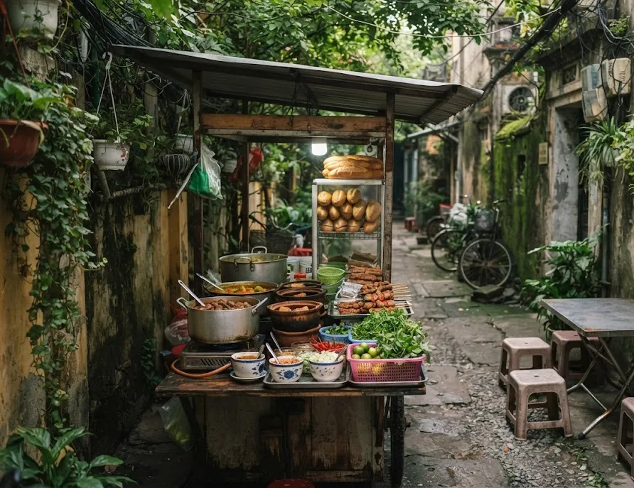 Vegetarian food cart with curry pots, banh mi rolls and herbs in a leafy alley