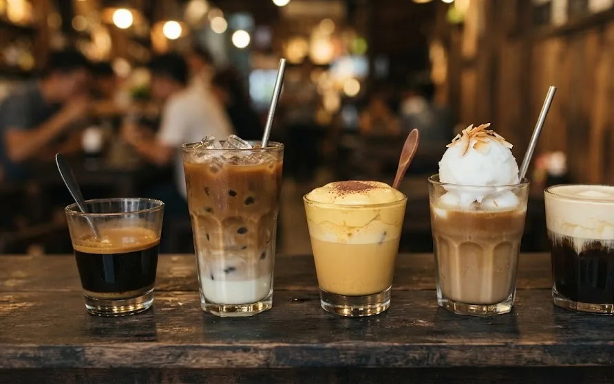 Row of Vietnamese coffees: black, iced milk coffee, egg coffee, coconut coffee and salt coffee