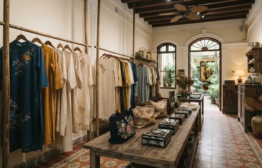 Colonial shophouse boutique with silk ao dai, embroidered bags and lacquer boxes