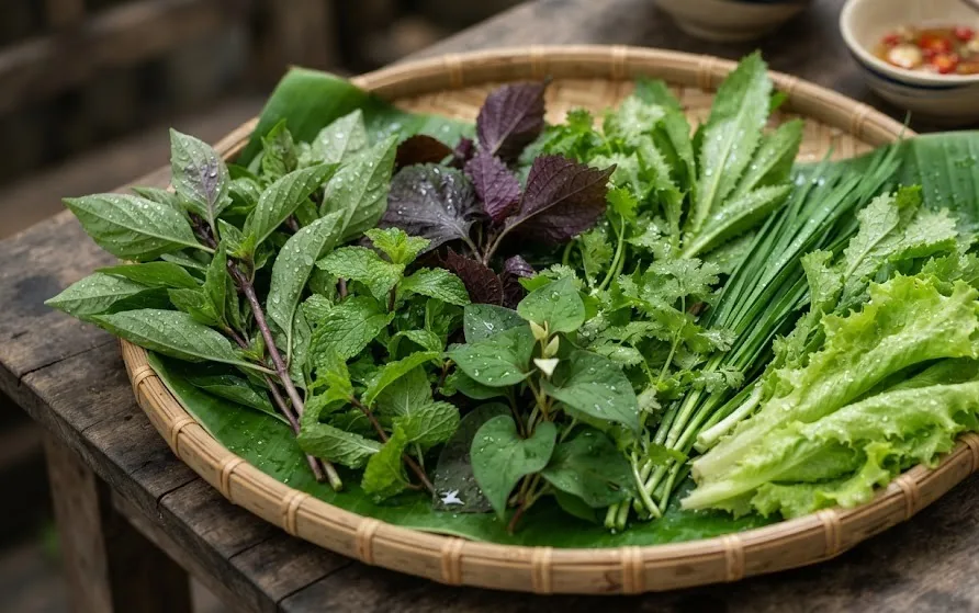 Bamboo tray lined with banana leaf holding mint, basil, perilla, fish mint, coriander and lettuce