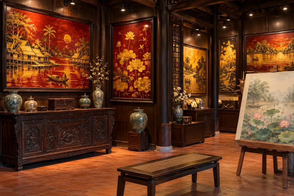 Gallery room with gold and red lacquer paintings, carved cabinet and ceramic vases