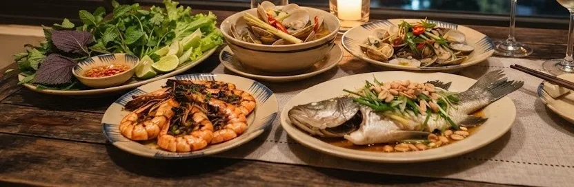 Grilled prawns, steamed clams, fish with peanuts and fresh herbs on a candlelit table
