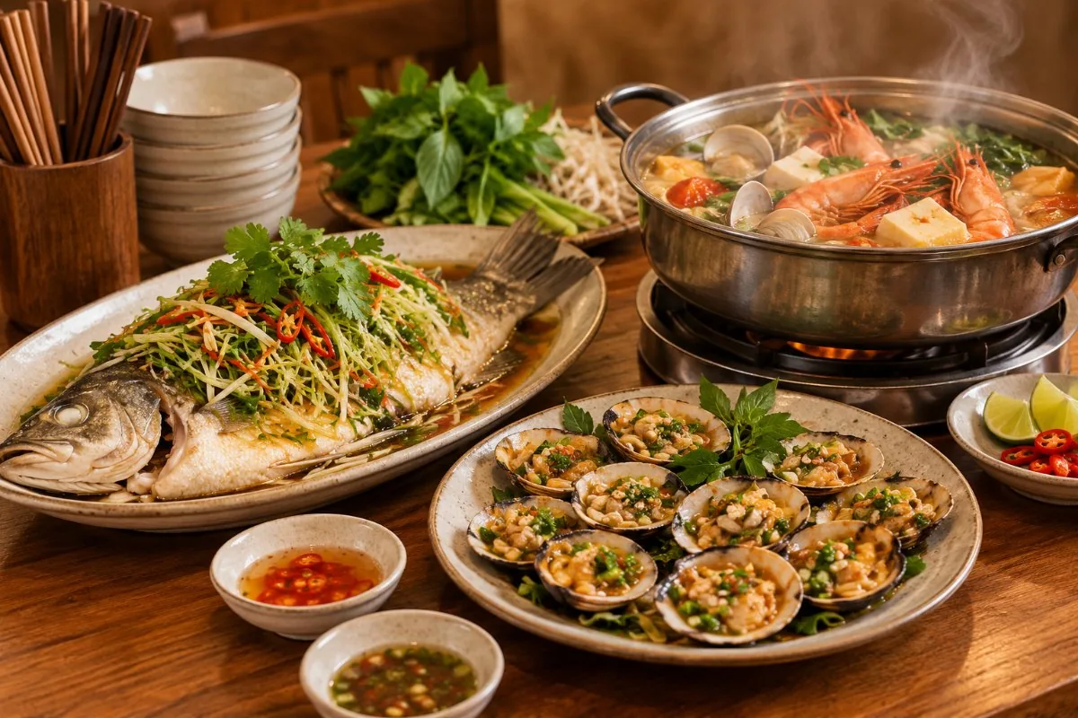 Steamed fish, grilled clams with scallion oil and a seafood hot pot on a table