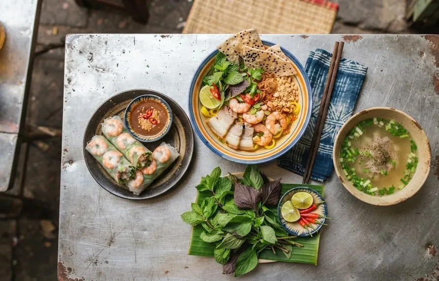 Overhead view of noodle soup, fresh spring rolls and herbs on a metal street table