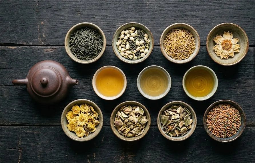 Overhead view of bowls of green tea, jasmine, lotus, chrysanthemum and artichoke tea with a clay teapot