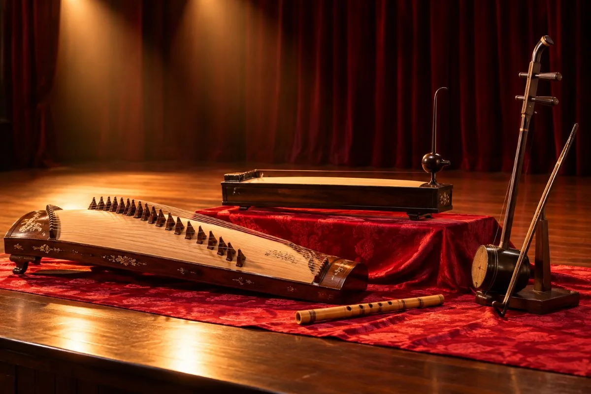 Dan tranh zither, dan bau, bamboo flute and two string fiddle on a stage