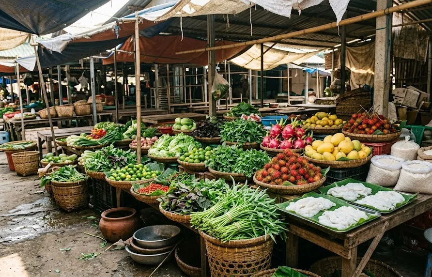 Baskets of fresh herbs, greens, limes, dragon fruit and rice noodles at a Vietnamese wet market