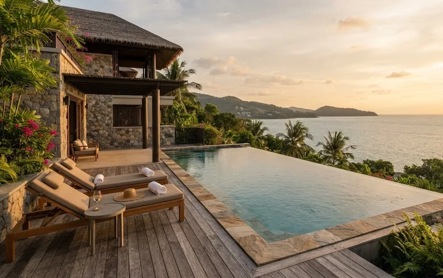 Private infinity pool with vanishing edge over the sea, timber deck and loungers at golden hour